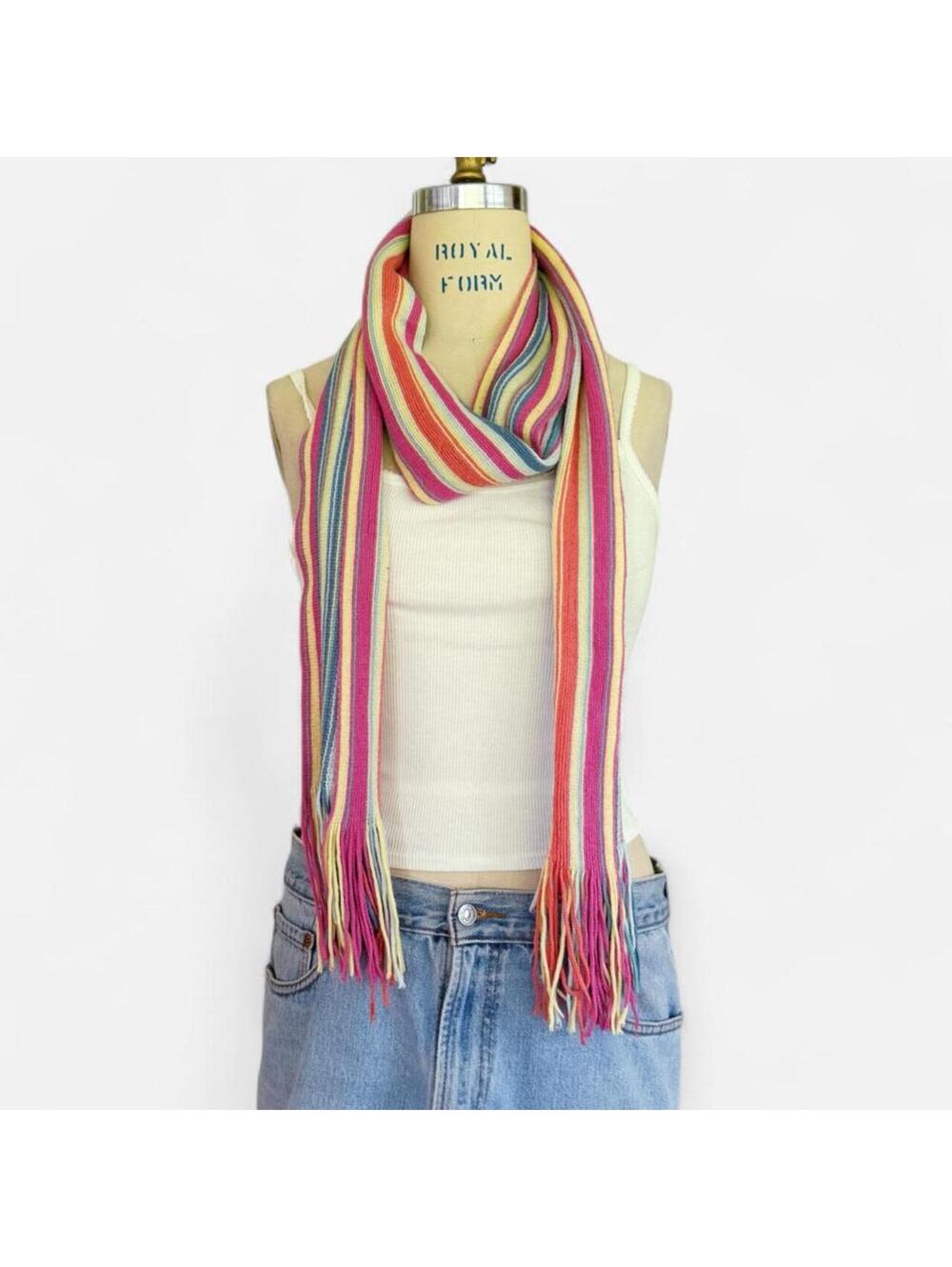 Vintage Rainbow Striped Fringe Knit Scarf in Multi